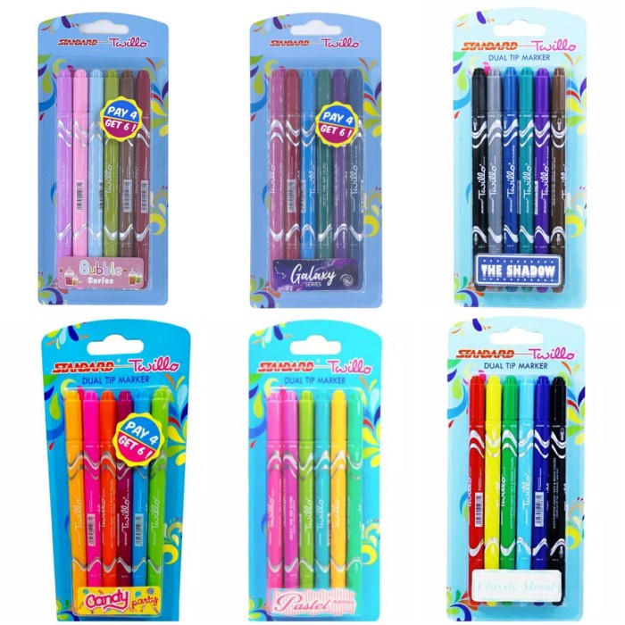 

Limited Standard Twillo Blister Dual Tip Marker Set 6 Mix Color Gilaa!!!