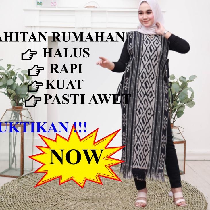 Langsung Beliii.. Long Vest Outer Wanita Muslim Hitam Putih Tenun Etnik Baju oter Muslimah Rompi Pan