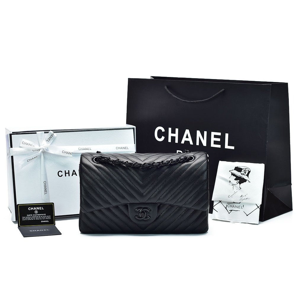 Tas Chanel Chevron So Black Medium Caviar Hitam AC9605-27