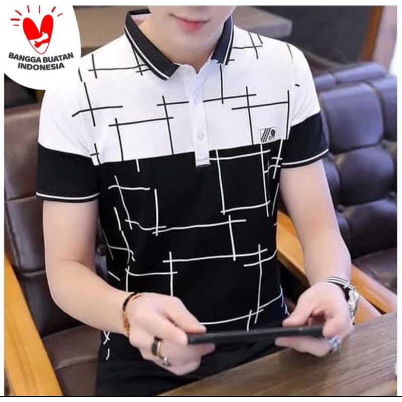 A566 Kaos Berkerah, Kemeja Lengan Pendek Pria, Kemeja Pria Two Tone