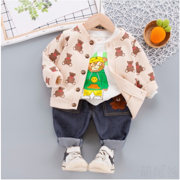 3 IN 1 BOY SET/SETELAN ANAK LAKI LAKI IMPORT/CELANA PANJANG JEANS/BAJU KEMEJA KOTAK+CARDIGAN TEDDY