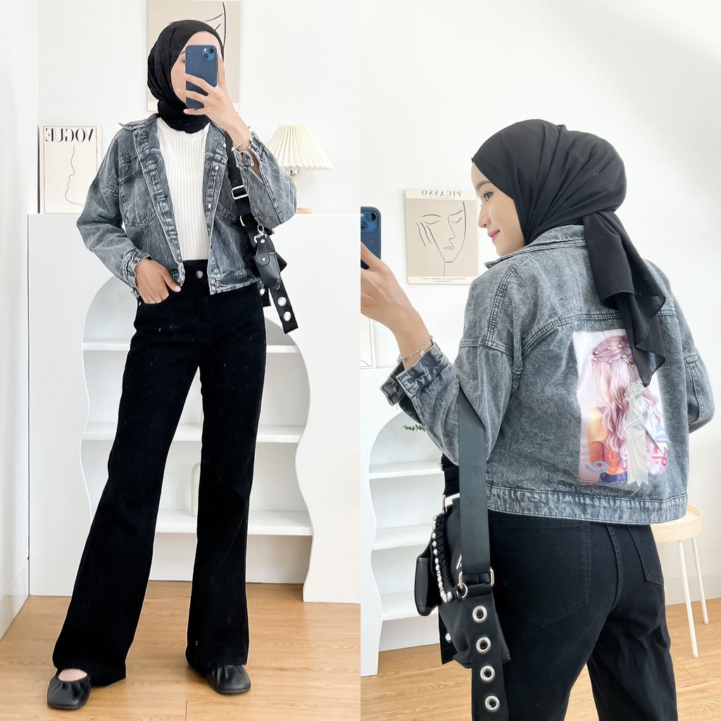 1KG MUAT 3PCS | JAKET JEANS CROP PITA EMBLEM 3D HITS OOTD SELEBGRAM KOREAN STYLE FASHION WANITA