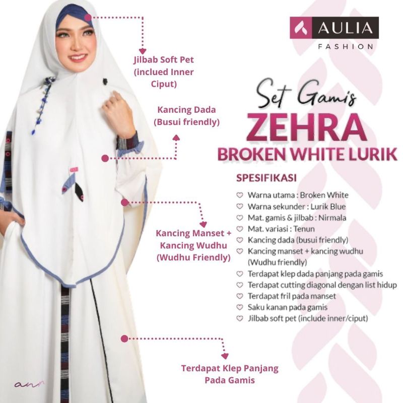 AULIA FASHION Set Gamis ZEHRA BROKEN WHITR LURIK Busana Muslim Branded Original Bahan Nirmala Varias