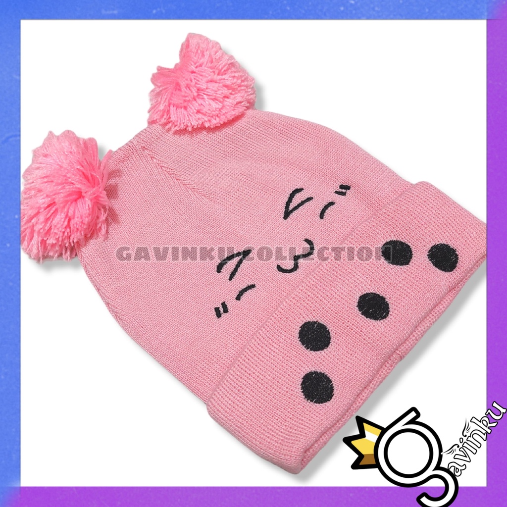 Topi Kupluk Anak Bayi Polos Model Pompom Bordir Smile lucu Laki Laki Perempuan Usia 0 1 2 3 4 5 6 7 8 9 10 11 12 bulan umur 1 2 3 Tahun thn-pink