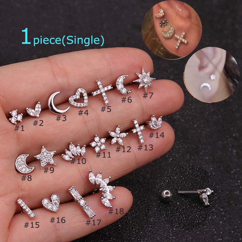 1piece Moon Star Flower Heart Cross Stainless Steel Tragus Diath Cartilage Helix Rook Piercing