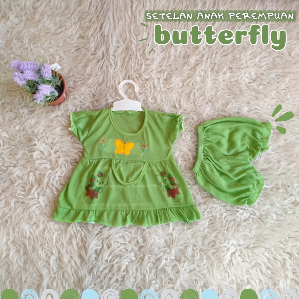 Setelan Anak Perempuan Motif Butterfly Lucu Kekinian 0-9 bulan Setelan Ruffle - Set baju anak cewek stelan bayi