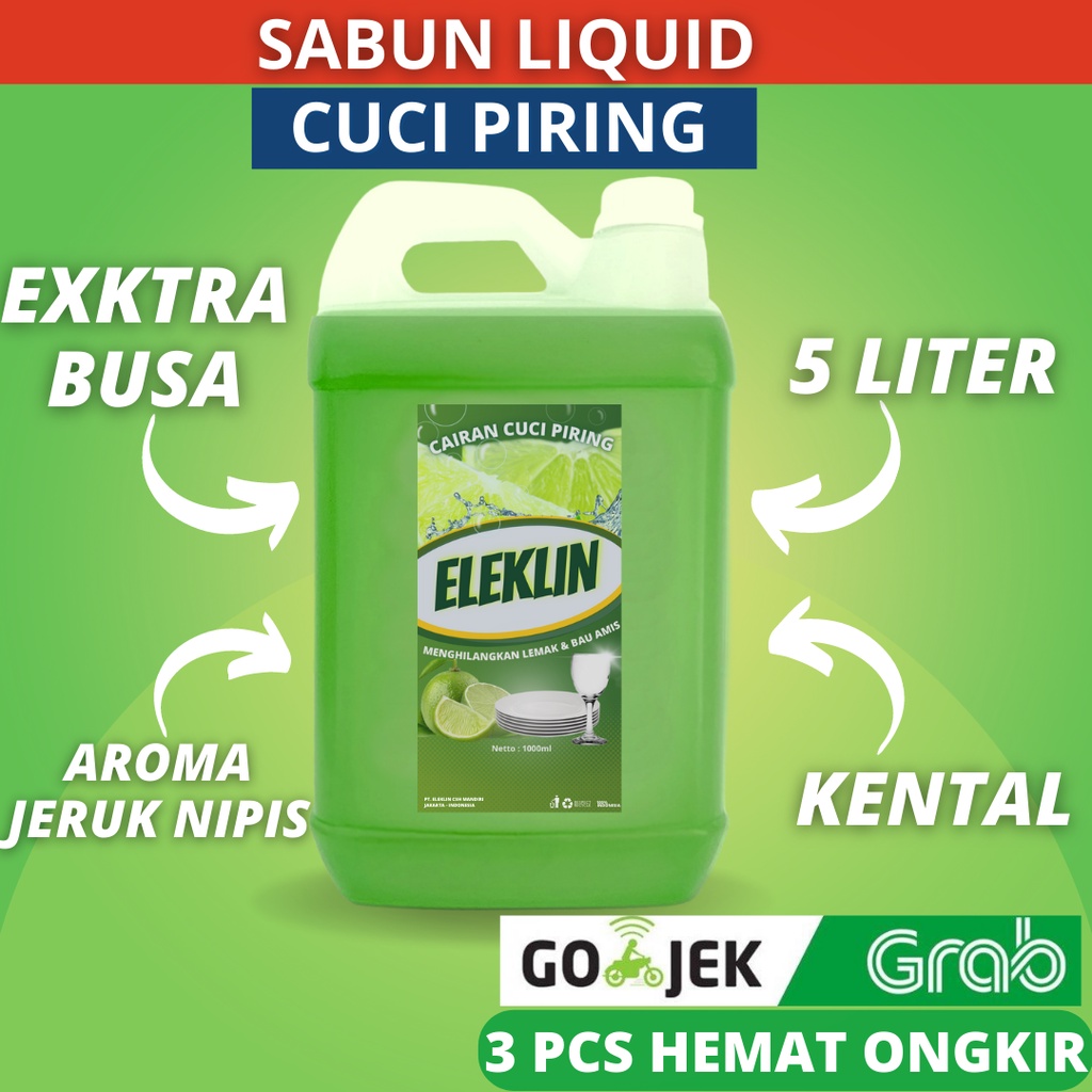 Sabun Cuci Piring Cair Liquid Eleklin 5 Liter Gojek Grab Instant Same day Jeruk Nipis Literan Ekonom
