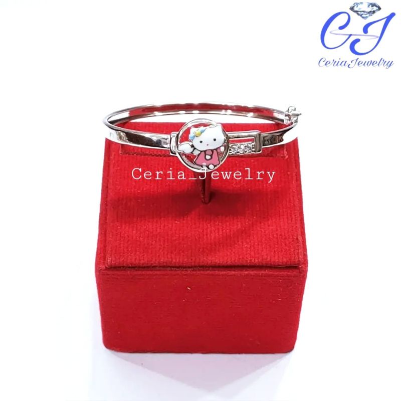 Gelang Perak Anak Asli Silver 925 Lapis Emas Putih Model Bangle Karakter Hellokitty Kembar