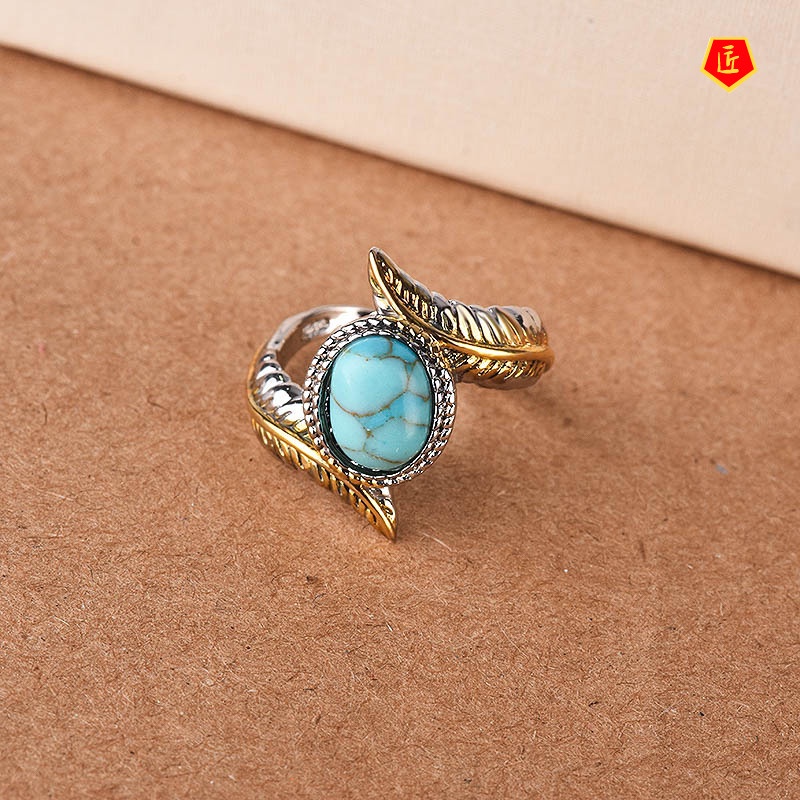 [Ready Stock]Luxury Inlaid Turquoise Feather Ring Gold Color Separation