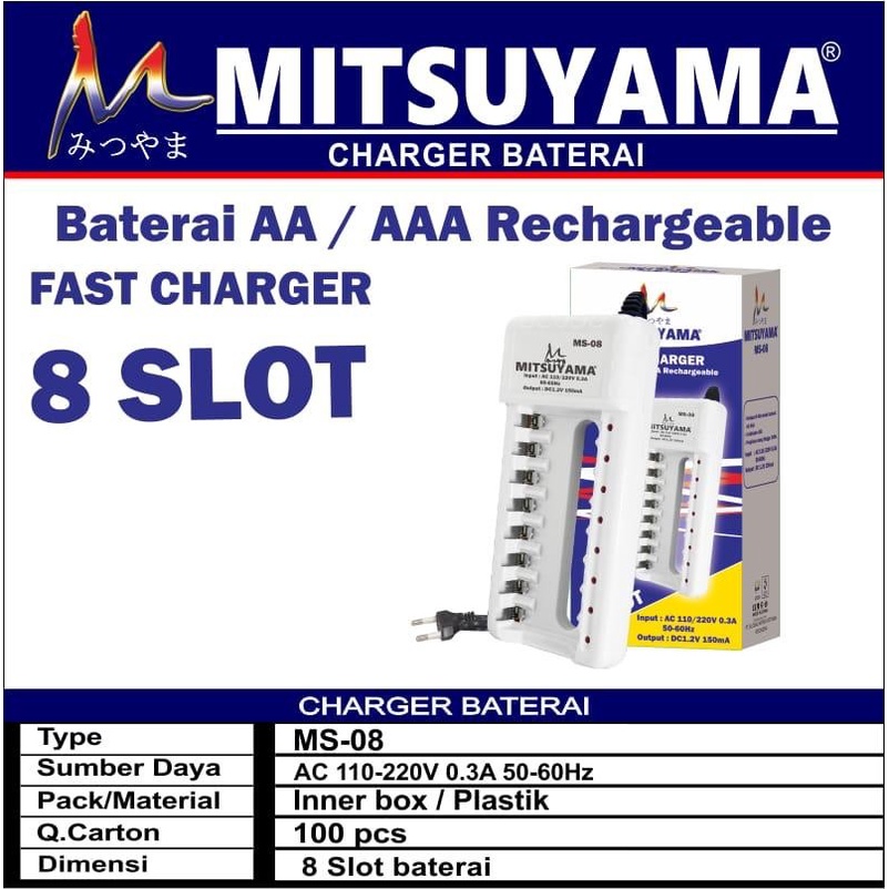 Fast Charger 8 Slot Alat Cas Baterai AA dan AAA Rechargeable Mitsuyama MS-08 Original