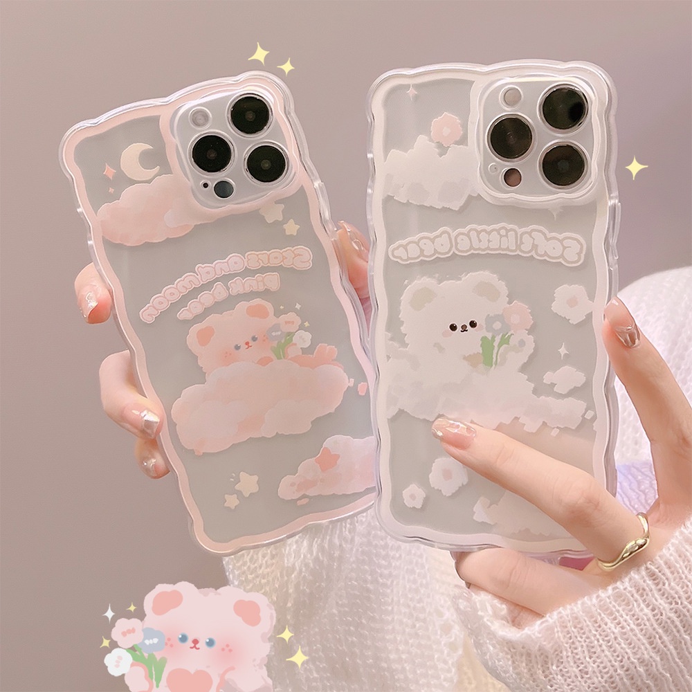 IPHONE Beruang Berbulu Dengan Bintang Dan Bulan Lucu Bentuk Gelombang Transparan Casing Ponsel Cover Untuk Iphone7 8 PLUS X XR XS 11 12 13 14 MINI PRO MAX SE 2020