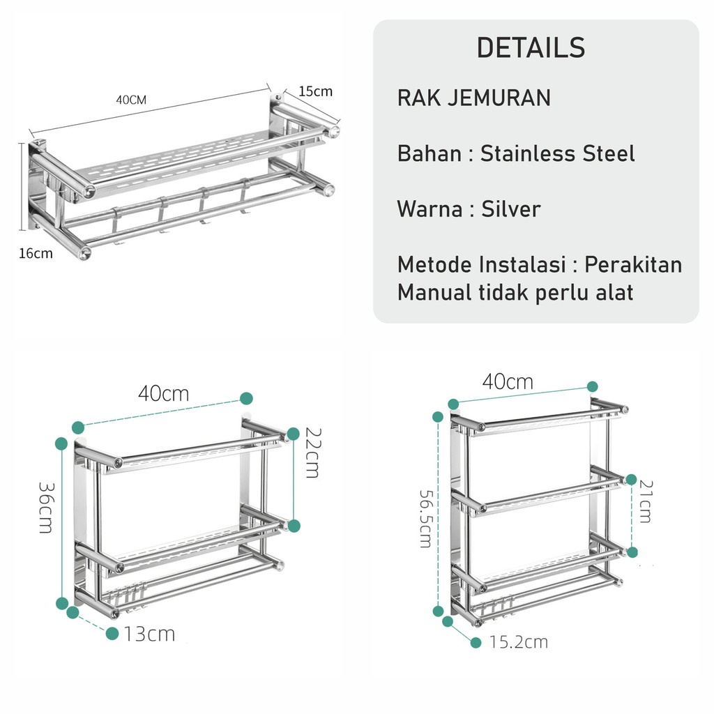 KAGK Rak kamar mandi Stainless steel 1-3 lapisan 40cm Rak kamar mandi stainless Dipasang tanpa harus dilubangin dibagian Rak sabun kamar mandi stainless steel