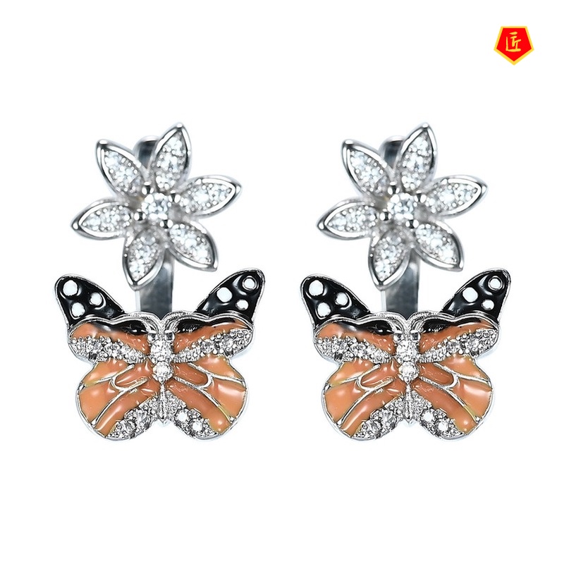 [Ready Stock]New Fashion Flower Butterfly Ring Luxury Full-Jeweled Stud Earrings Set