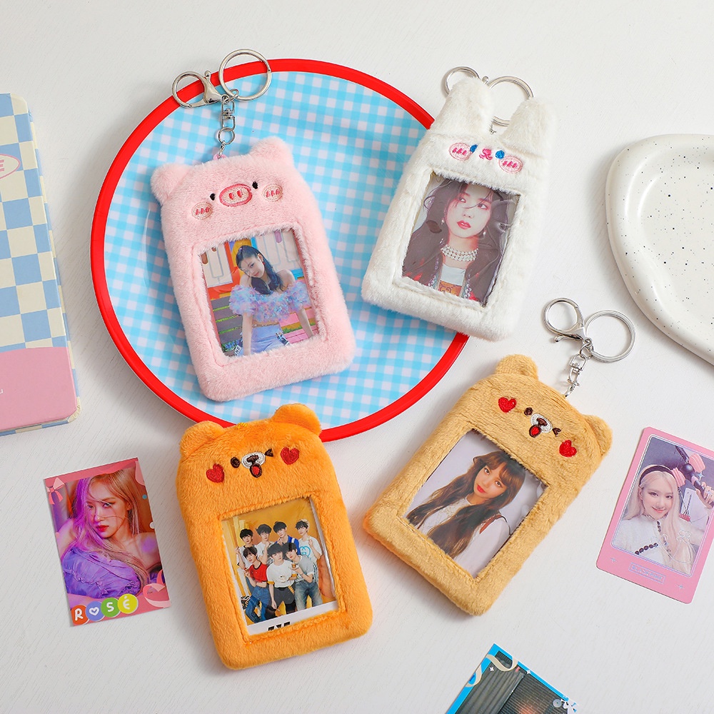 Gantungan Kunci Bentuk Beruang / Kelinci Bahan Plush Photocard Holder Boneka Gantungan Kunci PC Card Holder Doll