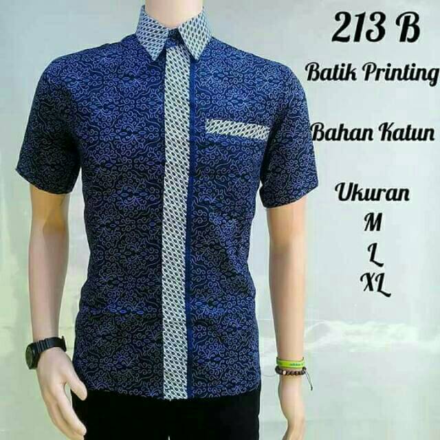 Risna Batik HRB026 kenongo kemeja hem pendek padi pekalongan M L XL MURAH KEREN bati pria wajik biru