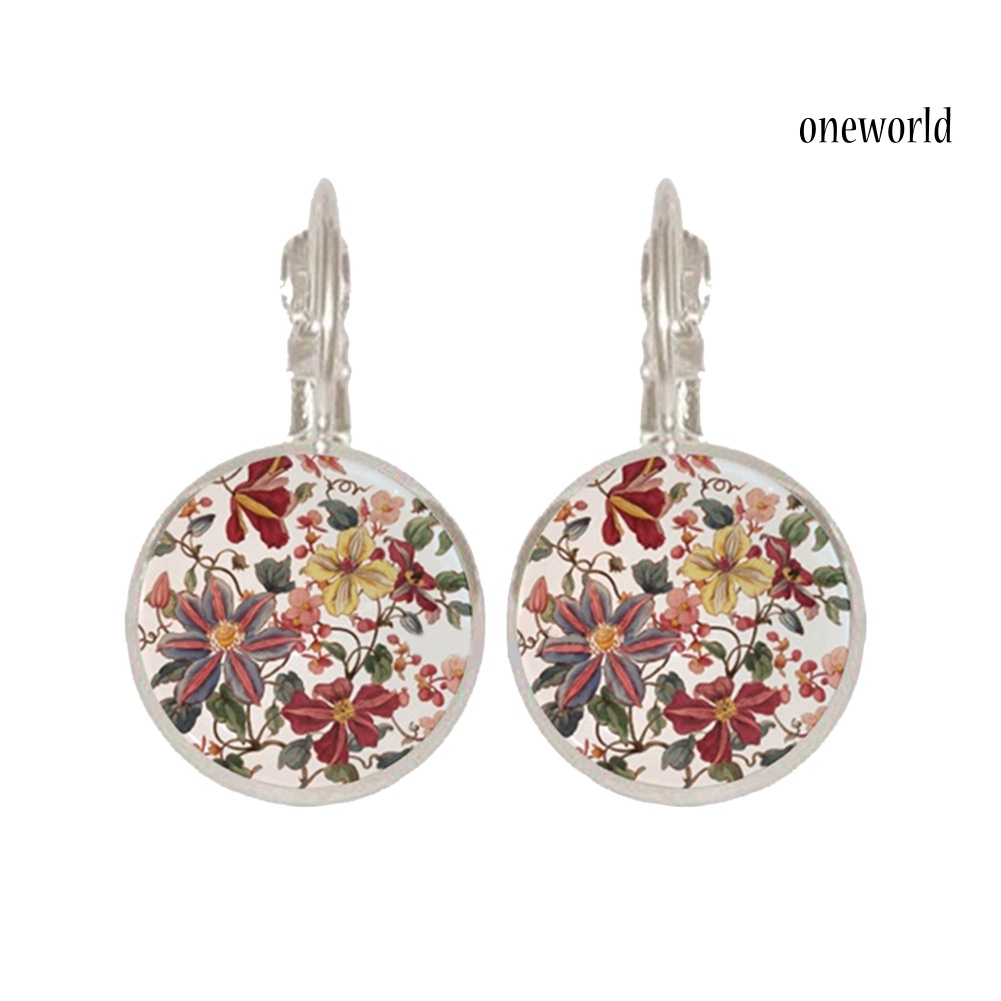 OW@ Vintage Flower Printed Round Pendant Women Leverback Earrings Party Jewelry