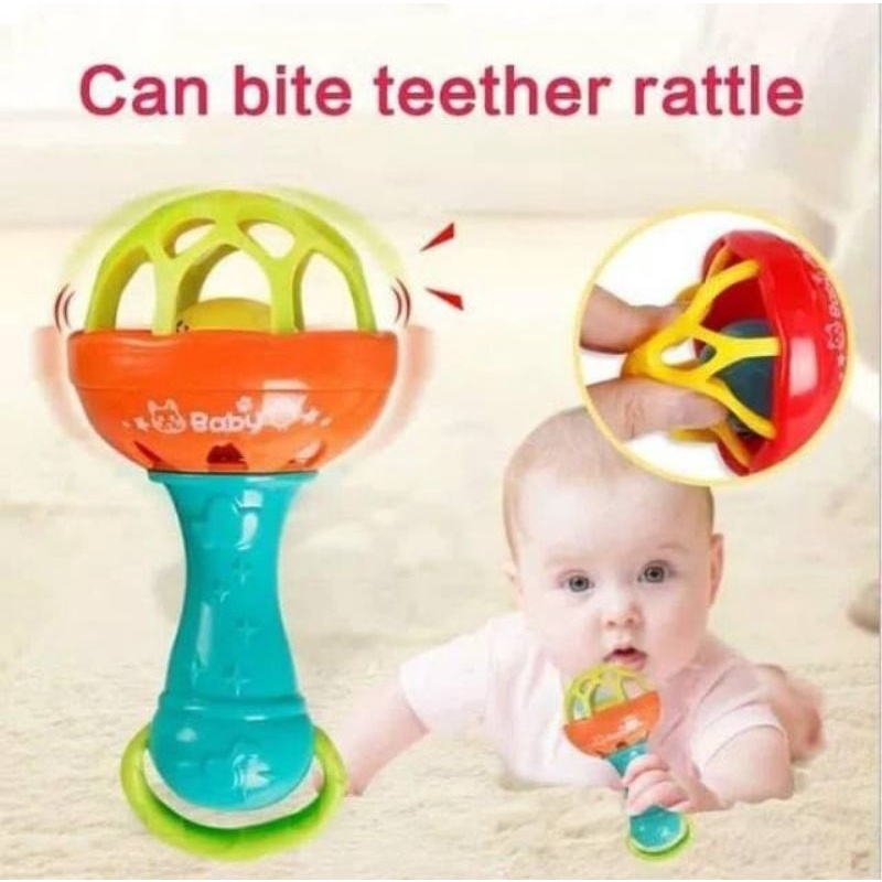 Mainan Bayi Gengam Bola Stick Rattle Teether Gigitan Bayi