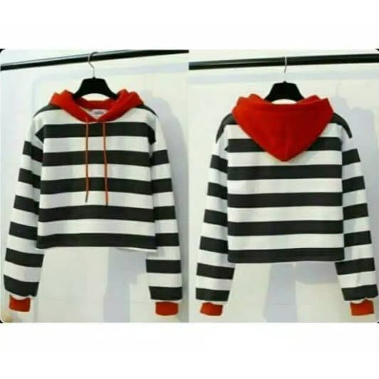 Michellestore Sweater Wanita Crop Hoodie Salur Kombinasi Kupluk Merah - Putih