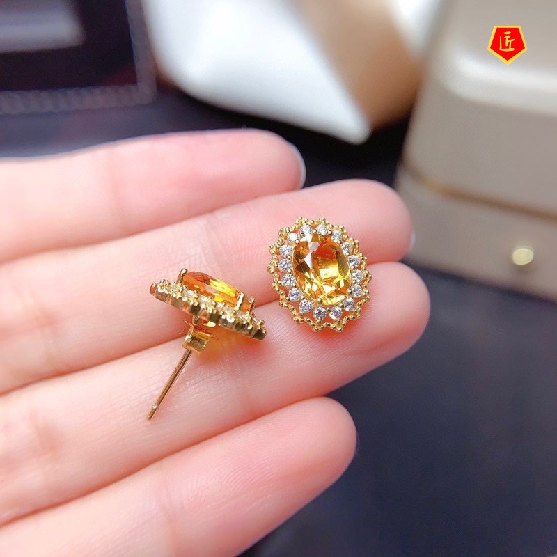 [Ready Stock]Lucky Citrine Pendant Set Full Diamond Rings Ear Studs