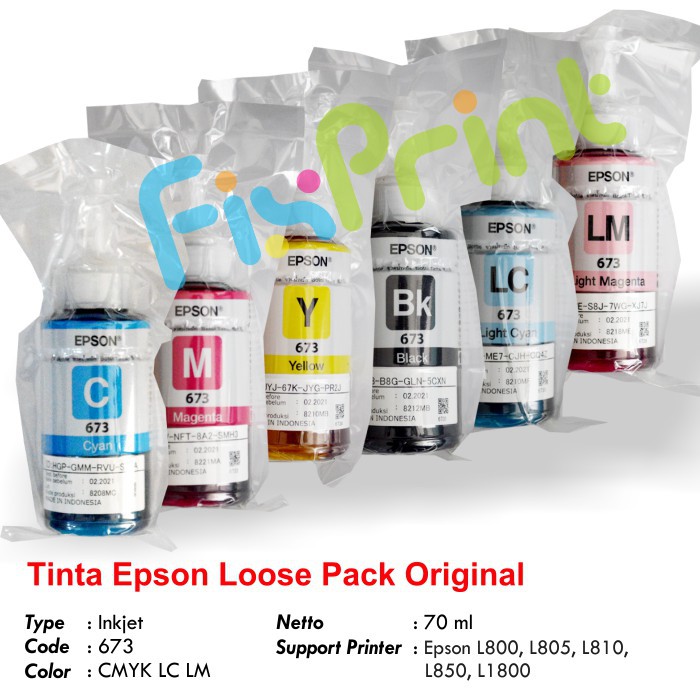 Tinta Original Epson 673 T6731 T6732 T6733 T6734 T6735 T6736 Refill Printer L800 L805 L850 L1800 Ori