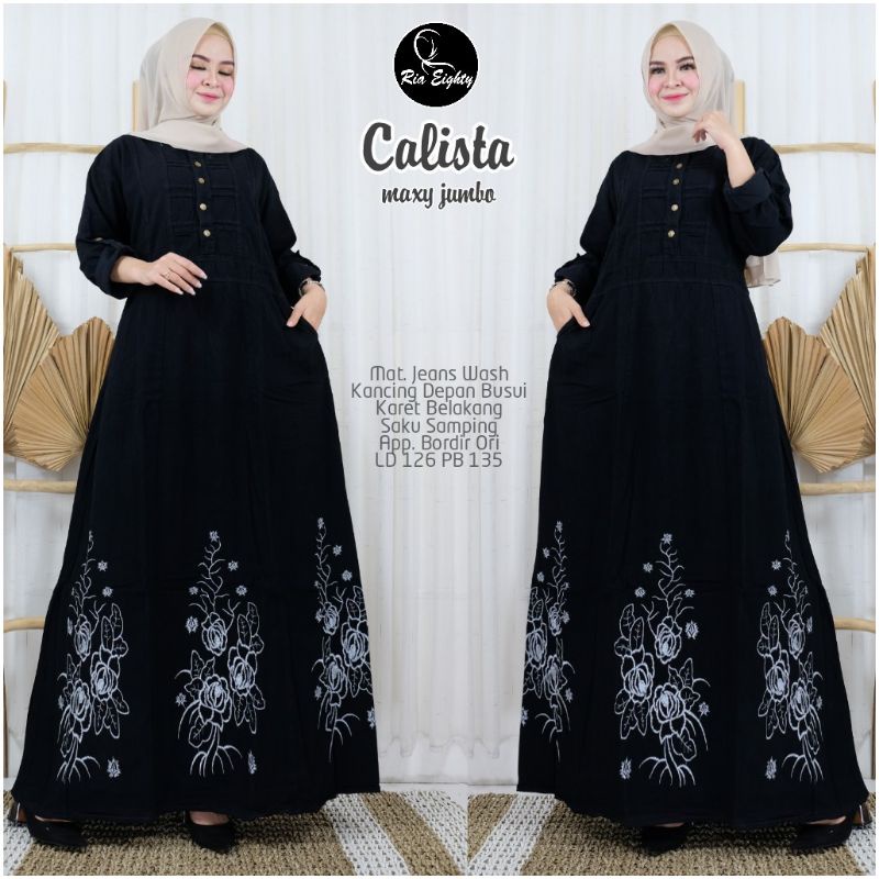Gamis jeans Calista Maxy Jumbo Kancing Depan Busui Karet Belakang Saku Samping By Riaeighty