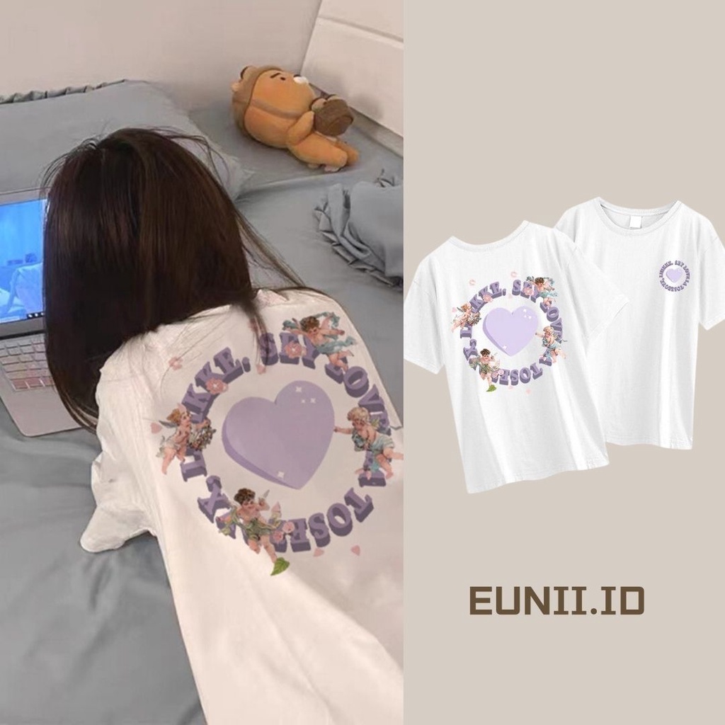 EUNII T-shirt Lengan Pendek Retro Berbentuk Hati Pencetakan Longgar Korean Style/Kaos Atasan Wanita/Baju Kaus Oversize Wanita