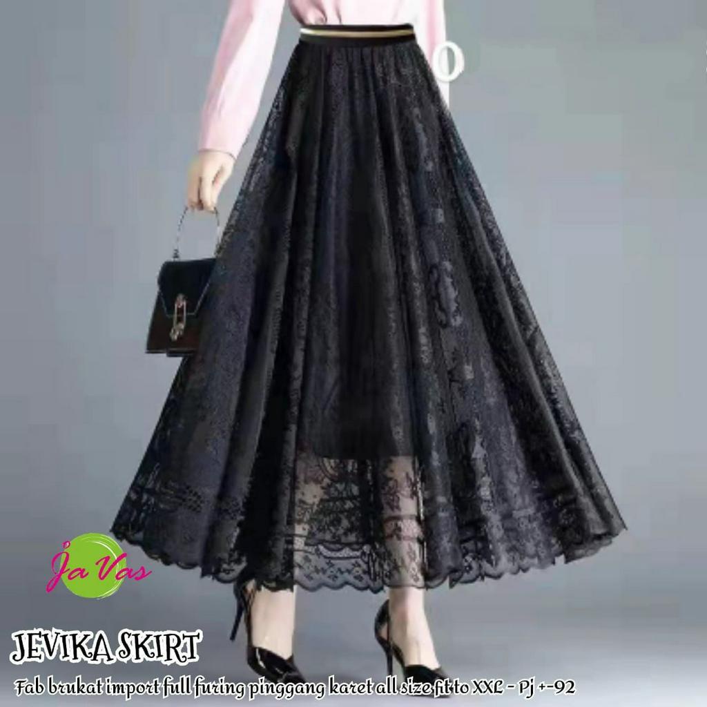 JEVIKA SKIRT / 15.7 / BAHAN BRUKAT FULL FURING PREMIUM / PINGGANG KARET / ROK MIDI WANITA / FIT T XXL / JAVAS