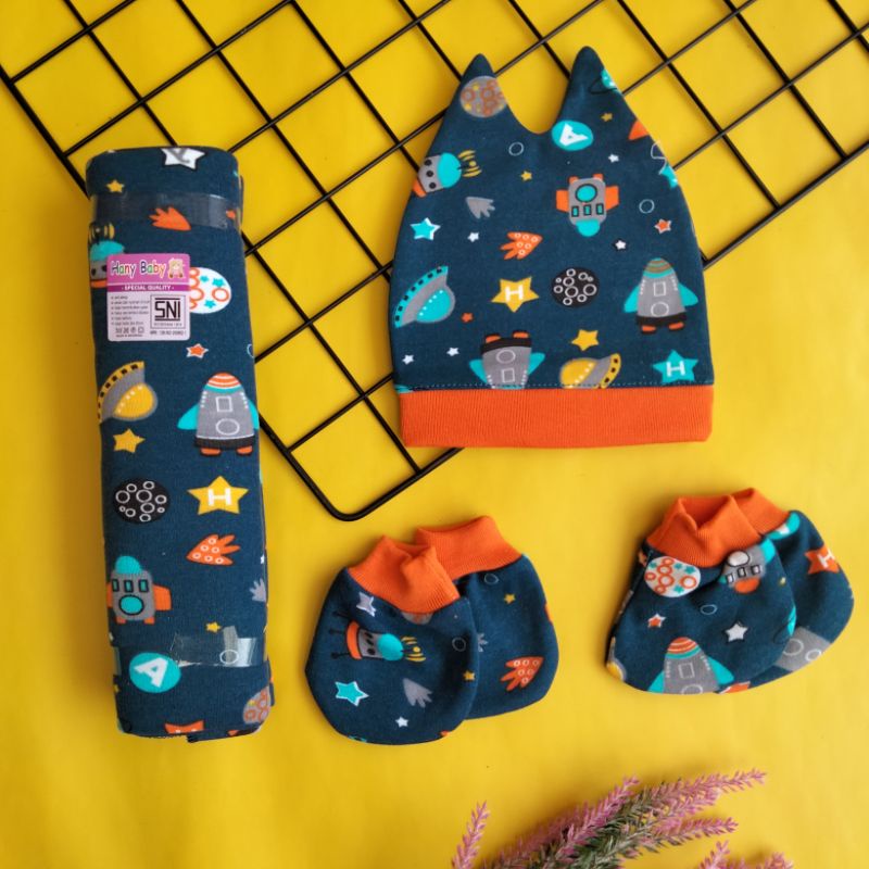 4in1 set bedong + sarung tangan + sarung kaki + topi kupluk bayi newborn printing