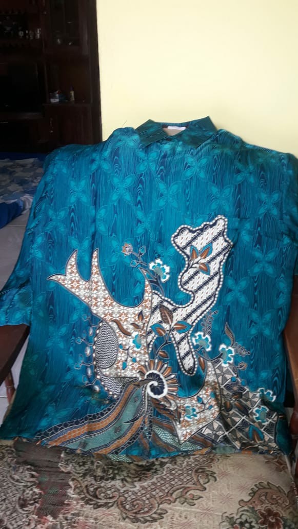 Eb Tradisional Kemeja Batik Kombi Semi Sutra Lengan Panjang Hijau Tosca