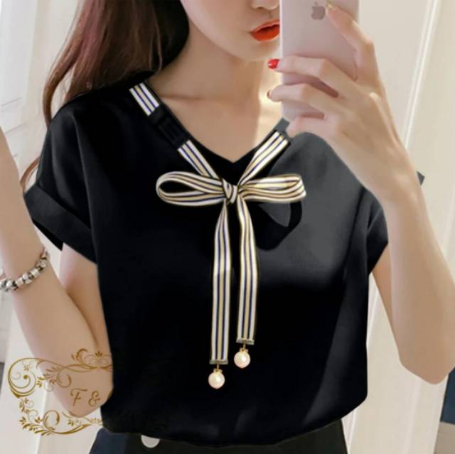 BISA COD - BLOUSE LAURA Blouse Korean Style Wanita Remaja Atasan Kaos Blouse Wanita Dewasa Lengan Pendek Bahan Balotelly-6