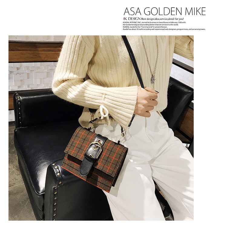 TM-52 tas wanita grid brown autumn warm tone kotak messenger bag selempang import korea jepang