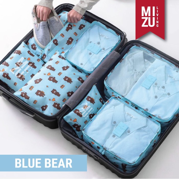 SECRET POUCH Travel Packing Cubes 7in1 Storage Bag Organizer Tas Koper MOTIF-BLUE Bear