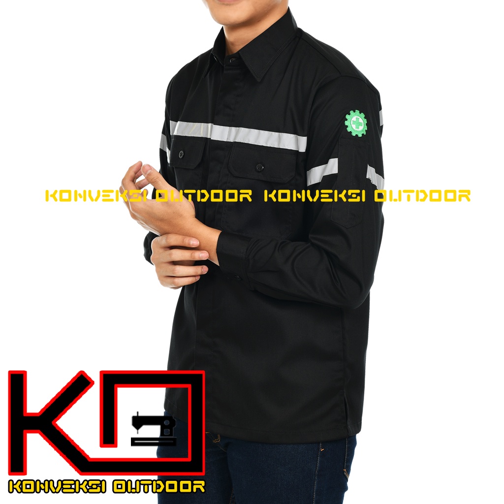 BAJU KEMEJA SERAGAM ATASAN WEARPACK SAFETY K3 TAMBANG PROYEK LENGAN PANJANG - Kemeja Kerja Pria Lapangan Lengan Panjang Proyek Bangunan Tambang Infrastruktur PLN Enginer Instalasi Mesin werpek sefti Scotlet Warna Hitam Konveksi Outdoor