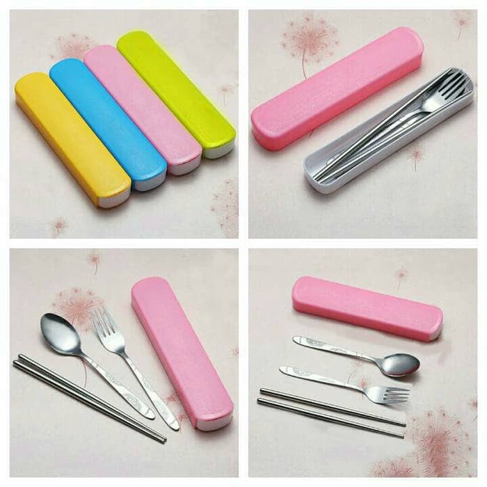 Sendok garpu sumpit makan set stainless kotak box plastik travel spoon fork chop sticks portable new