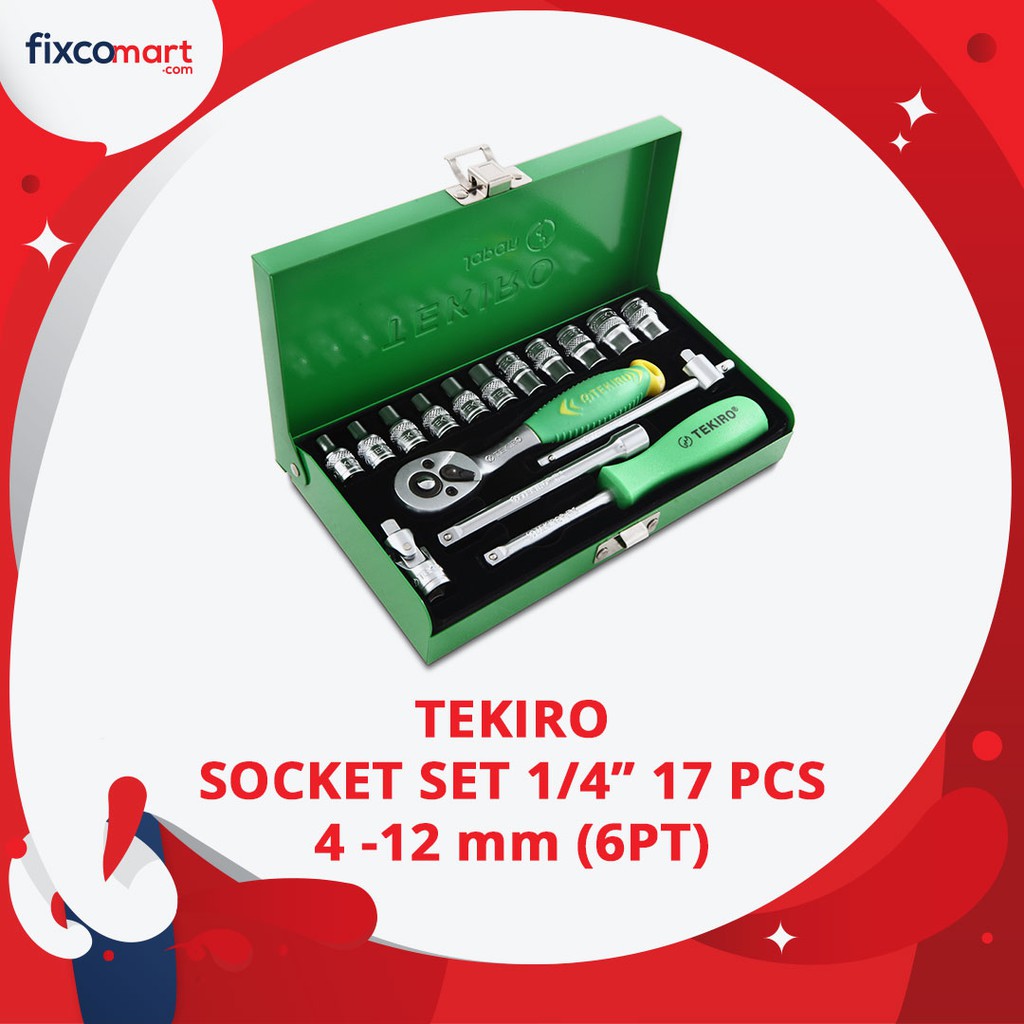 Tekiro Socket Set 1/4 Inch 17 Pcs 6Pt (4-12 Mm) Box Kaleng / Tekiro Kunci Sock Set