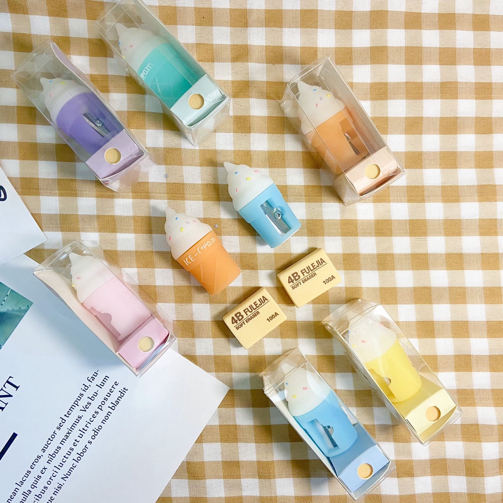 

Rautan Pensil Kayu / Pencil Sharpener [FREE PENGHAPUS] Es Krim Ice Cream Cone Box Mika, Miniatur Rubber Karet Warna Pastel