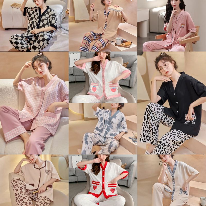 RULIF SET PIYAMA WANITA LENGAN PENDEK / Baju tidur wanita import Vneck kancing / Piyama wanita Leisure Oversize