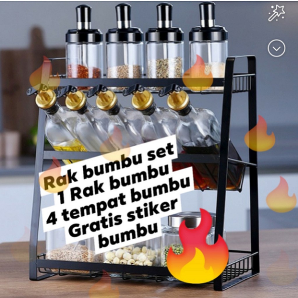 Rak Bumbu Set Toples Tempat Bumbu Kaca Bonus Sticker Label Rak Dapur Stainless