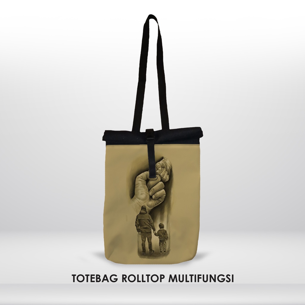 Totebag Ransel Multifungsi Rolltop Tas Pria Wanita Stylish Printing Motif Hitam Simple