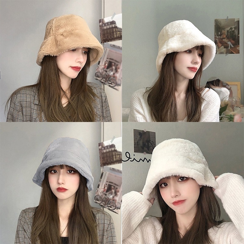 Topi Bucket Bahan Bulu Imitasi Tebal Hangat Untuk Wanita