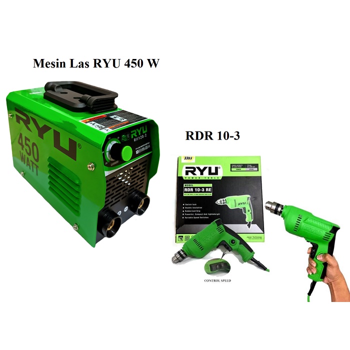 KHUSU HARI INI !! PAKET LAS 3 ITEM Mesin Las 450 Watt RYU 120a Trafo Travo Las + Mesin Gerinda 4 inch + Bor Ryu 10mm