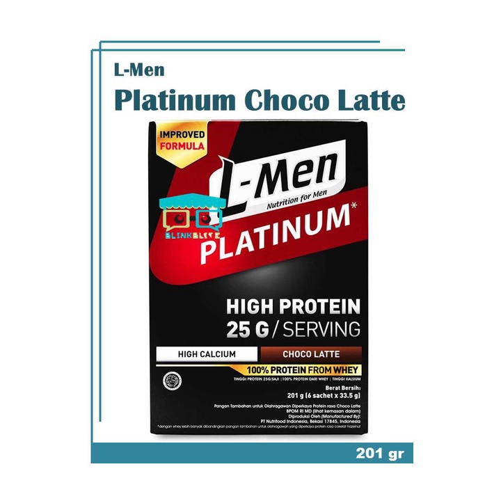 L-Men PLATINUM 201 GR Choco Latte Box isi 6 Sachet Whey High Calcium Protein Susu Suplemen Fitness Lmen