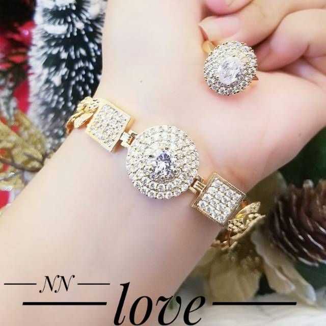 TERMURAH Set Perhiasan Lapis Emas Cincin Gelang Rantai Pipih Berlian Xuping Mewah Modis Titanium