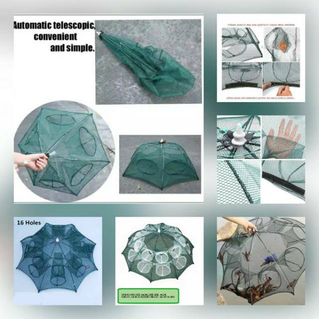 Bubu Wuwu Payung Jaring Lipat Perangkap Ikan Dan Udang Portable 4/6/8/10/12/16/20 Lubang~Hole