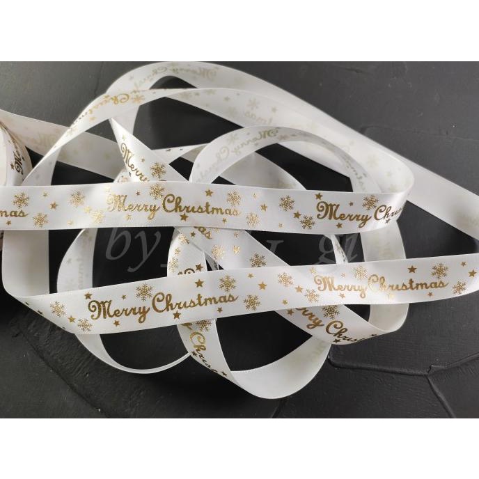 

siap kirim] Pita Natal Christmas - Satin - Putih - Emboss Gold B