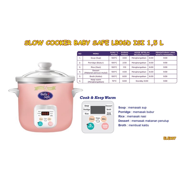 ELEK87 SLOW COOKER BABY SAFE KAPASITAS 1,5 Liter LB06D AUTO MENU WARNA PINK