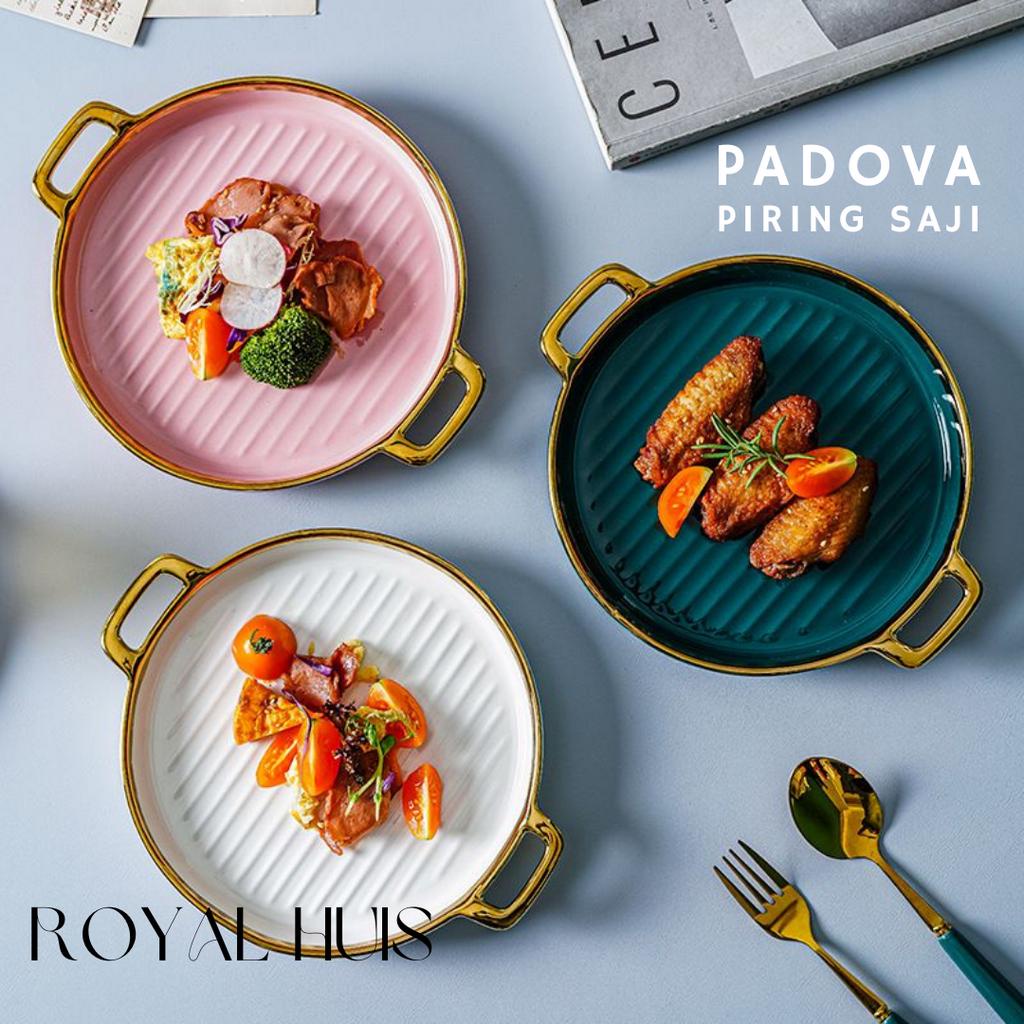 Piring Keramik Saji Bentuk Bulat Dengan Dua Gagang Emas Elegant / Piring Lauk Aestetik / Piring Lauk