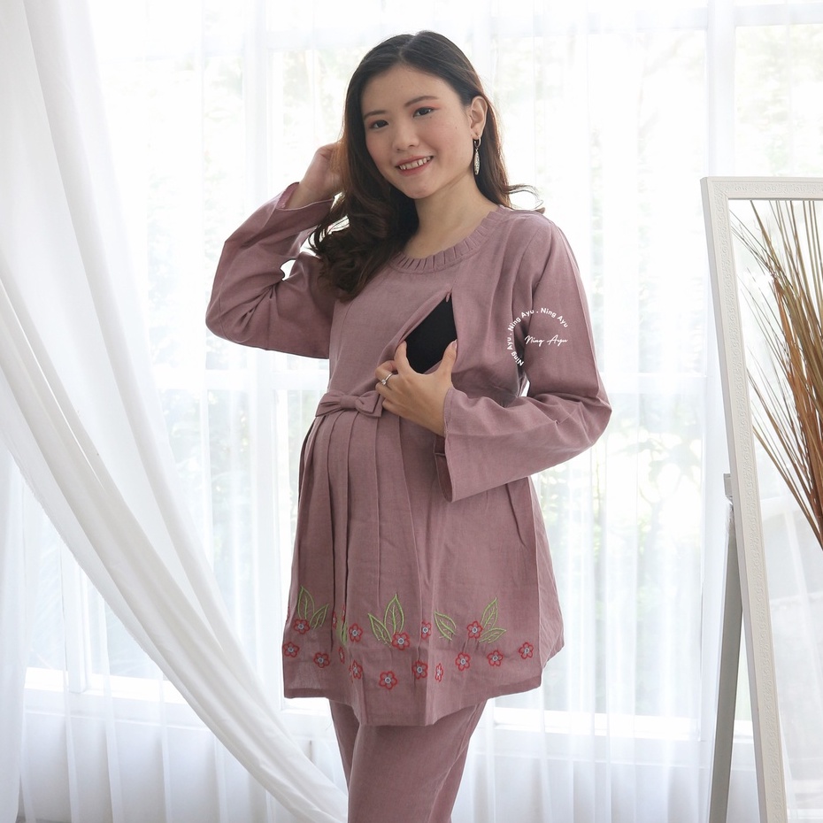 Mama Hamil Setelan Baju Hamil Menyusui Murah Kerja Modis Modern Casual Pita Rose Sania Set - STJ 75