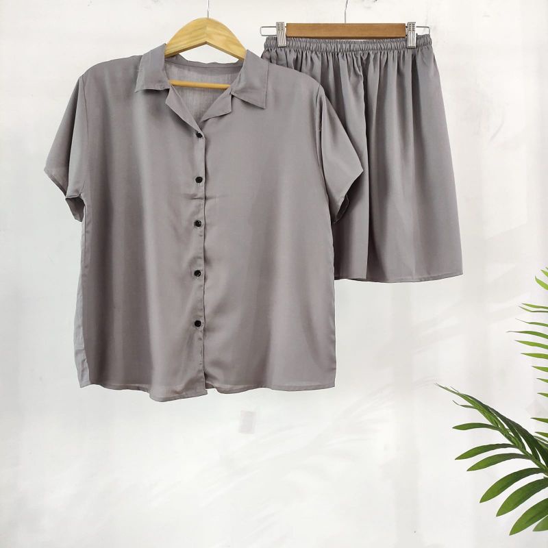 PIYAMA KANCING PENDEK | PIYAMA RAYON | BAJU TIDUR RAYON-KCB DARK GREY