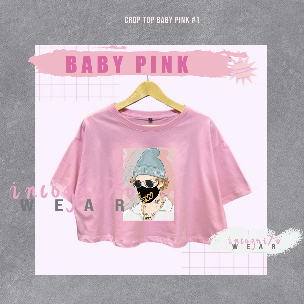 Kaos Crop Top Justin Bieber Oversize - Justin Bieber Croptop Tshirt - Baby Pink / Lilac